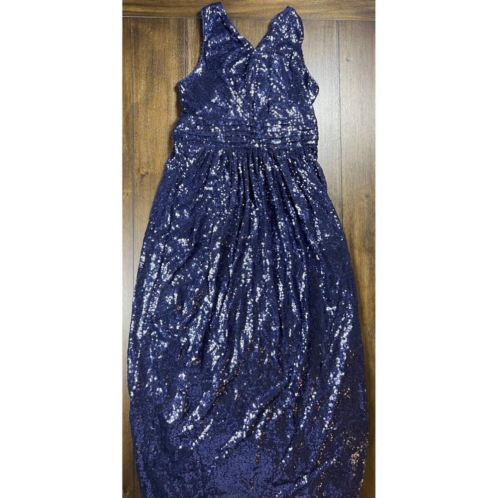 Kate Kasin Navy Blue Sequin V-Neck Maxi Dress Sleeveless Formal Gown Size 14 NEW